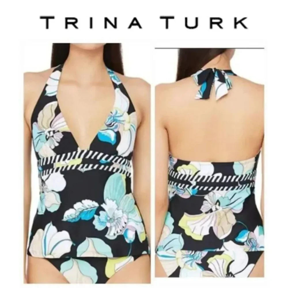 Trina Turk Sintra Flora Halter Top V-Neck Halter Tankini Swimsuit sz 4
